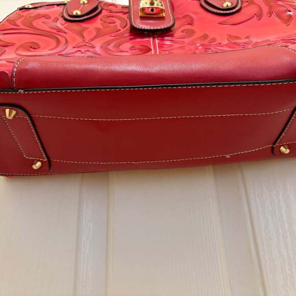 Madi Claire Red Embossed Genuine Leather Satchel Handbag With Feet - Picture 3 of 8